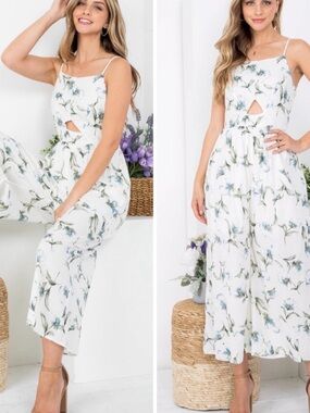 Doe & Rae White Floral Cutout Wide-Leg Jumpsuit